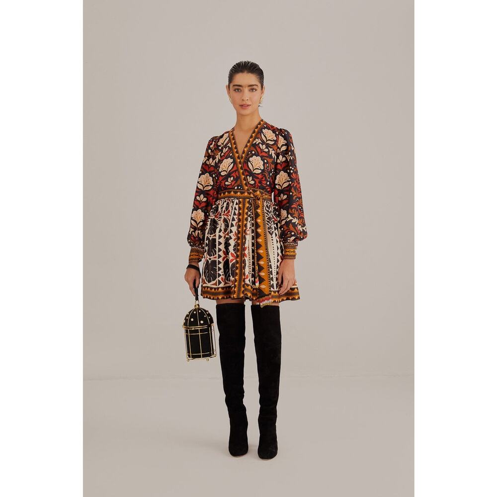 Farm Rio Tapestry Garden Multicolor V Neckline Mini Viscose Long-sleeve Dress - Picture 3 of 9